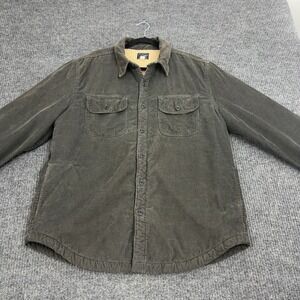 J Crew Shirt Jacket Mens L Olive Green Cotton Corduroy Sherpa Lined Workwear